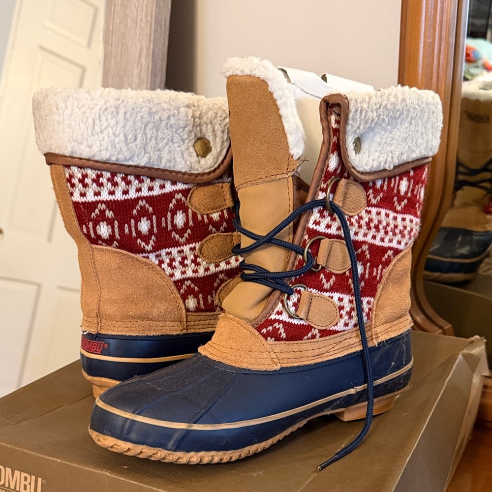 Khombu Blue and Tan Winter Boots with Red Knit Design